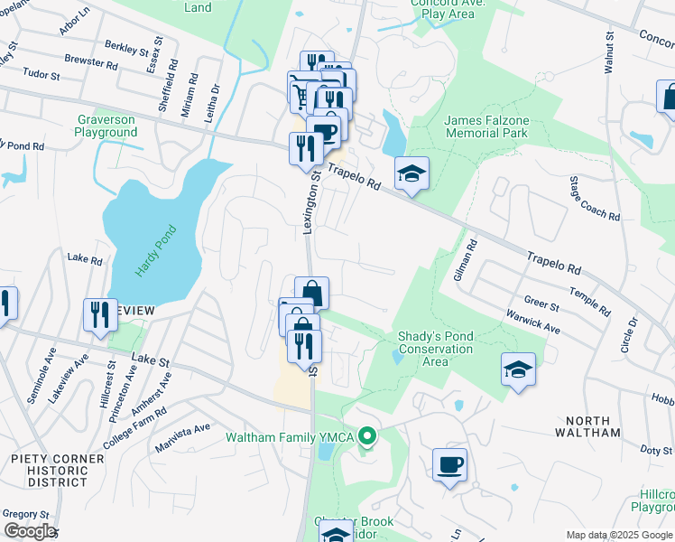 map of restaurants, bars, coffee shops, grocery stores, and more near 15 Dolores Avenue in Waltham