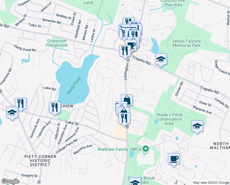 map of restaurants, bars, coffee shops, grocery stores, and more near 144 Ridge Lane in Waltham