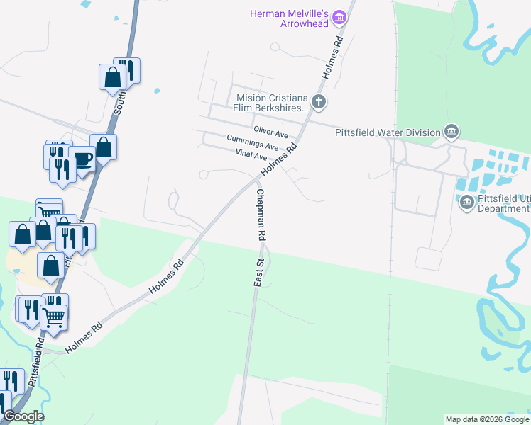 map of restaurants, bars, coffee shops, grocery stores, and more near 51 Chapman Road in Pittsfield