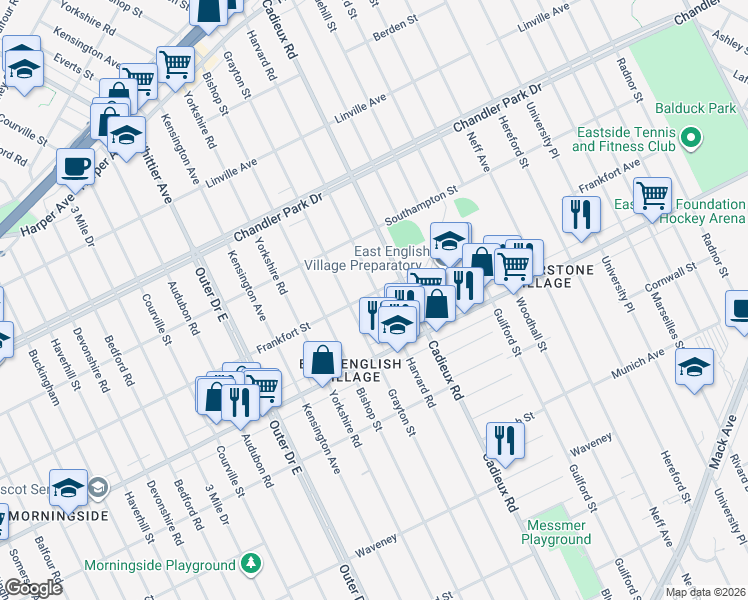map of restaurants, bars, coffee shops, grocery stores, and more near 5067 Harvard Road in Detroit