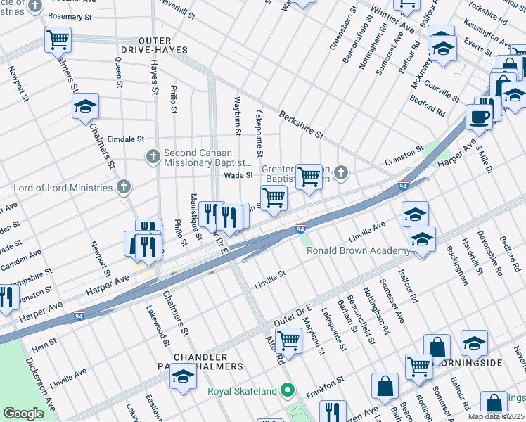 map of restaurants, bars, coffee shops, grocery stores, and more near 15126 Harper Avenue in Detroit
