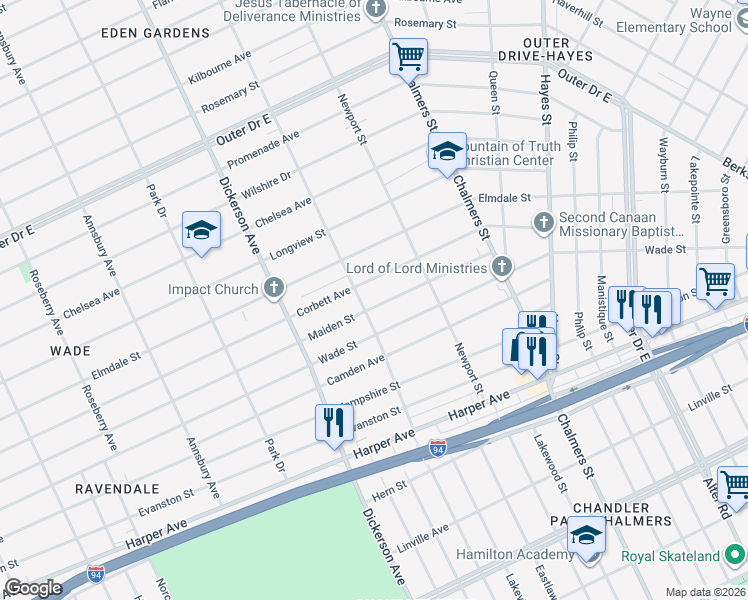 map of restaurants, bars, coffee shops, grocery stores, and more near 13144 Maiden Street in Detroit