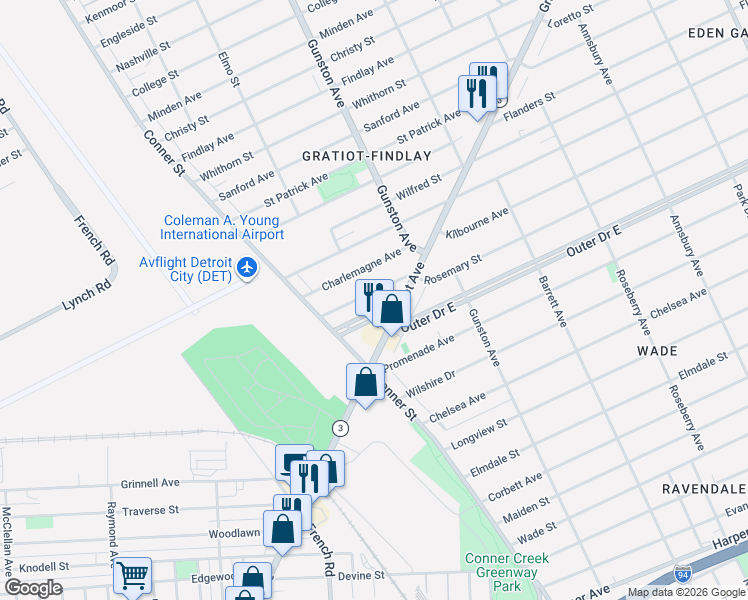 map of restaurants, bars, coffee shops, grocery stores, and more near 11058 Rosemary Street in Detroit
