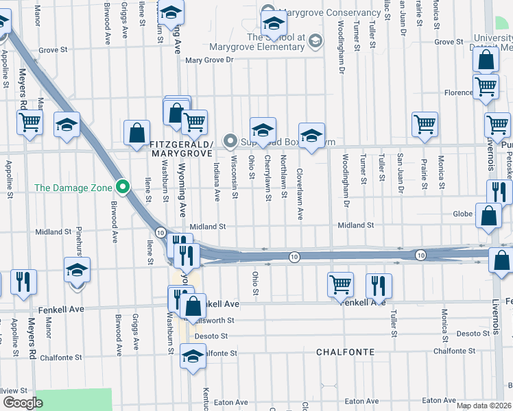 map of restaurants, bars, coffee shops, grocery stores, and more near 15717 Ohio Street in Detroit