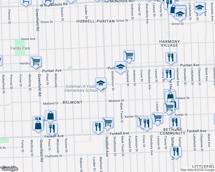 map of restaurants, bars, coffee shops, grocery stores, and more near 15749 Strathmoor Street in Detroit