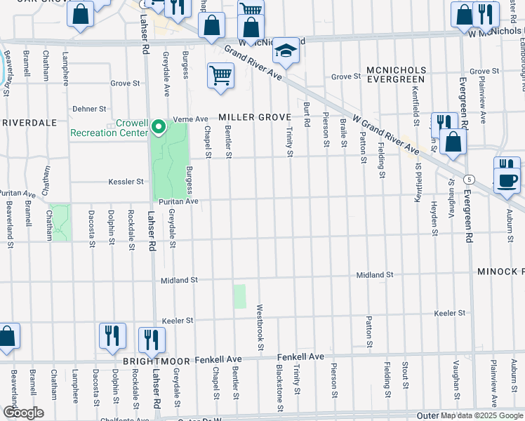 map of restaurants, bars, coffee shops, grocery stores, and more near 15839 Blackstone Street in Detroit