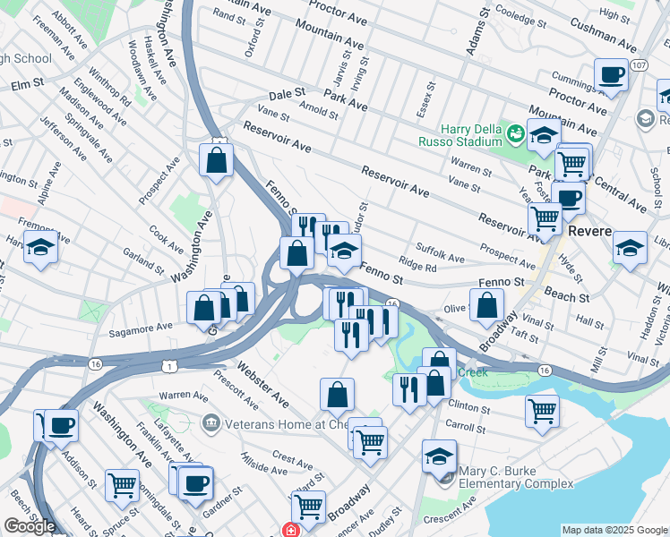 map of restaurants, bars, coffee shops, grocery stores, and more near 1085 Revere Beach Parkway in Revere