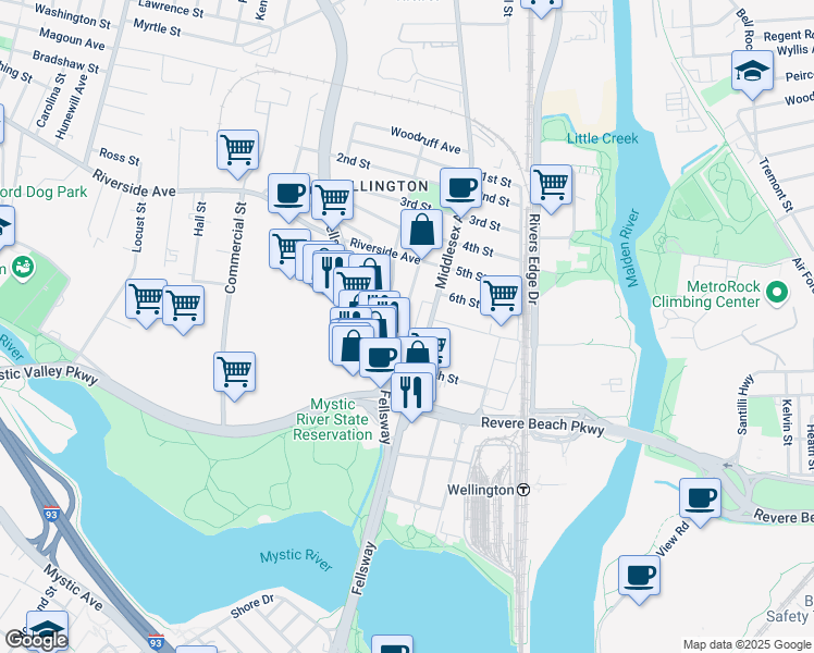 map of restaurants, bars, coffee shops, grocery stores, and more near 68 Wellington Road in Medford
