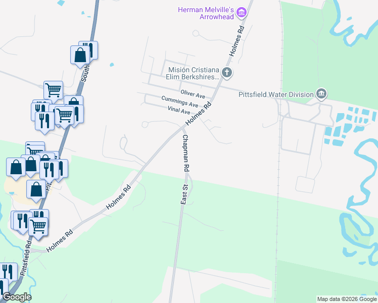 map of restaurants, bars, coffee shops, grocery stores, and more near 51 Chapman Road in Pittsfield