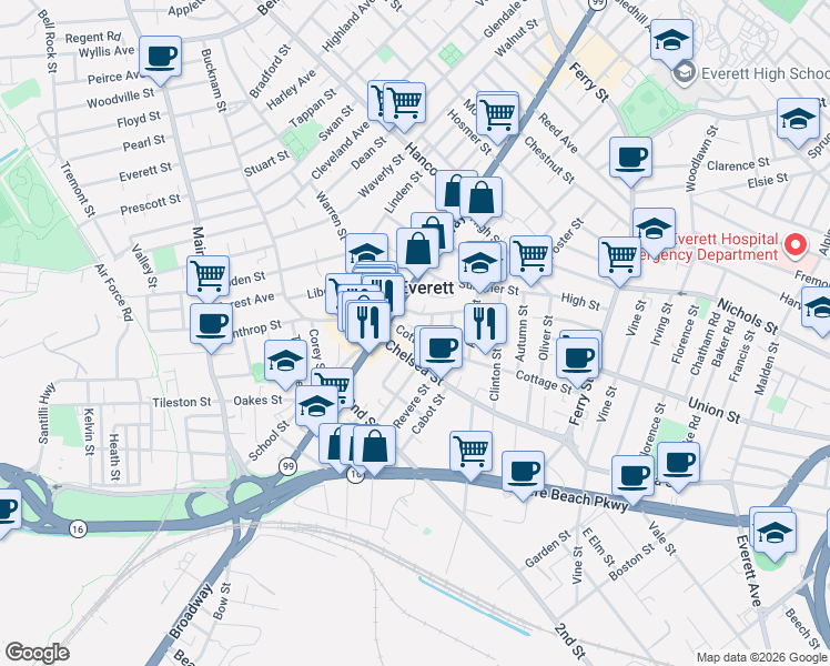 map of restaurants, bars, coffee shops, grocery stores, and more near 47 Cottage Street in Everett