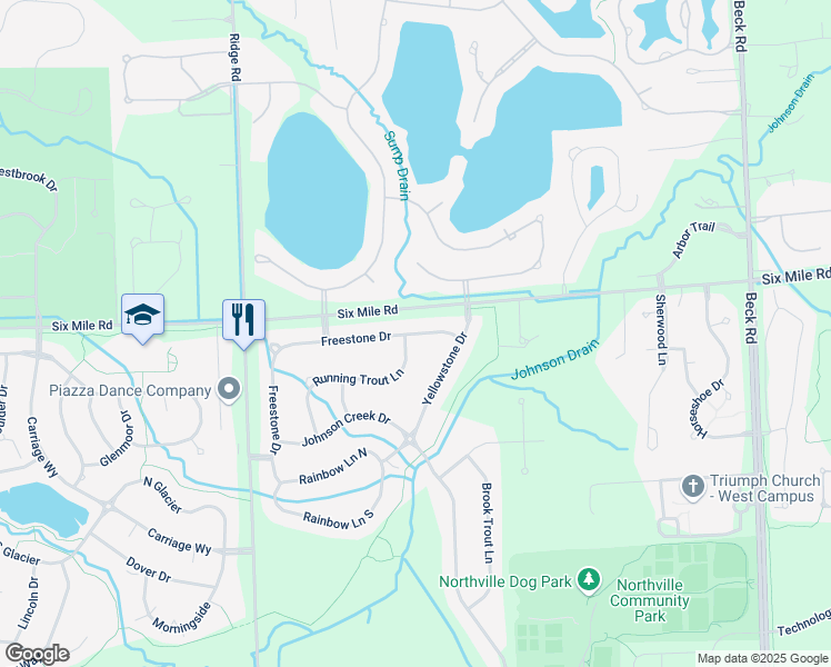 map of restaurants, bars, coffee shops, grocery stores, and more near 48775 Running Trout Lane in Northville