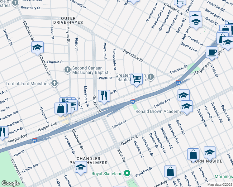 map of restaurants, bars, coffee shops, grocery stores, and more near 15126 Harper Avenue in Detroit