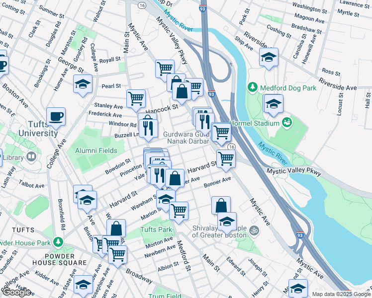 map of restaurants, bars, coffee shops, grocery stores, and more near 107 Willis Avenue in Medford