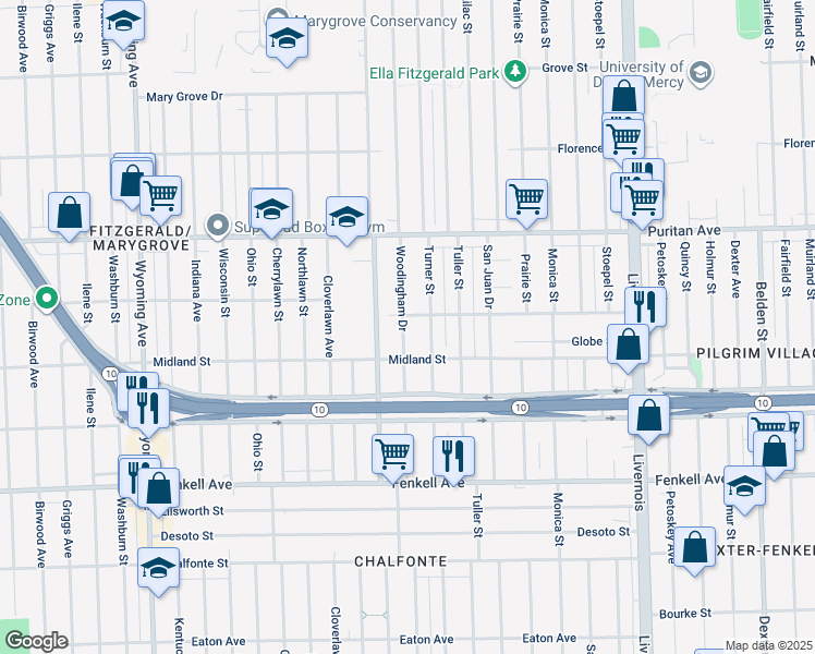 map of restaurants, bars, coffee shops, grocery stores, and more near 15710 Woodingham Drive in Detroit