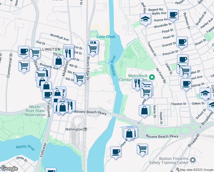 map of restaurants, bars, coffee shops, grocery stores, and more near 20 Cabot Road in Medford