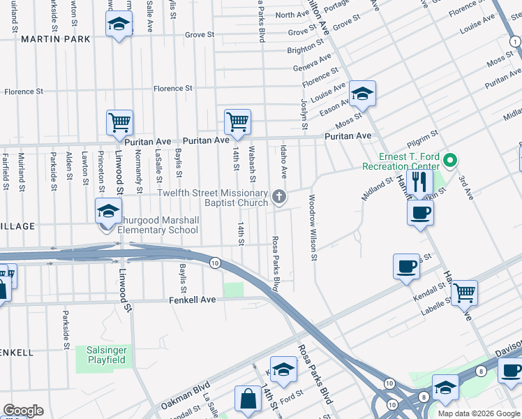 map of restaurants, bars, coffee shops, grocery stores, and more near 15557 Wabash Street in Detroit