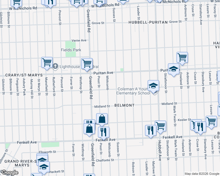 map of restaurants, bars, coffee shops, grocery stores, and more near 15760 Whitcomb in Detroit