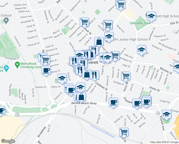 map of restaurants, bars, coffee shops, grocery stores, and more near 47 Cottage Street in Everett