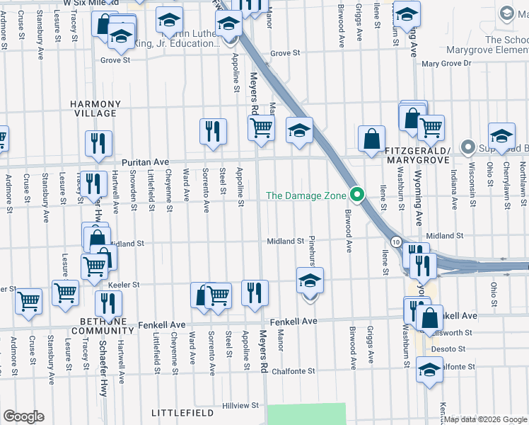 map of restaurants, bars, coffee shops, grocery stores, and more near 15751 Manor in Detroit