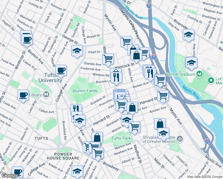 map of restaurants, bars, coffee shops, grocery stores, and more near 9 Princeton Street in Medford