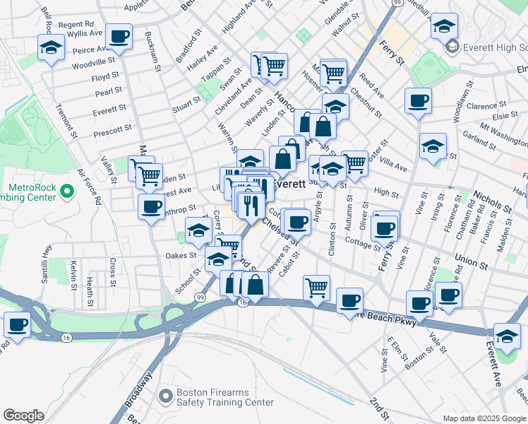 map of restaurants, bars, coffee shops, grocery stores, and more near 15 Chelsea Street in Everett