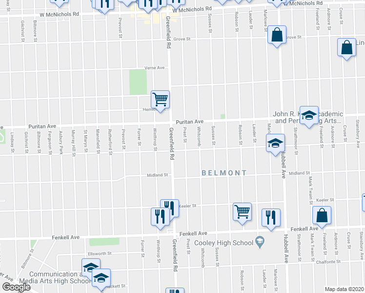 map of restaurants, bars, coffee shops, grocery stores, and more near 15811 Prest Street in Detroit