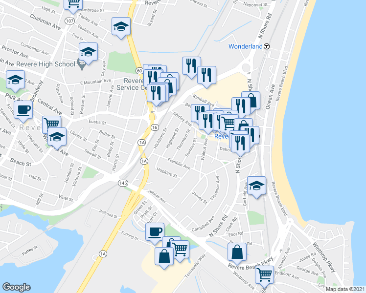 map of restaurants, bars, coffee shops, grocery stores, and more near 15 Thornton Street in Revere