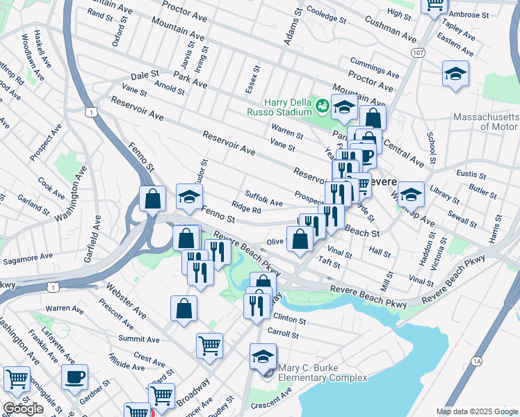 map of restaurants, bars, coffee shops, grocery stores, and more near 121 Fenno Street in Revere