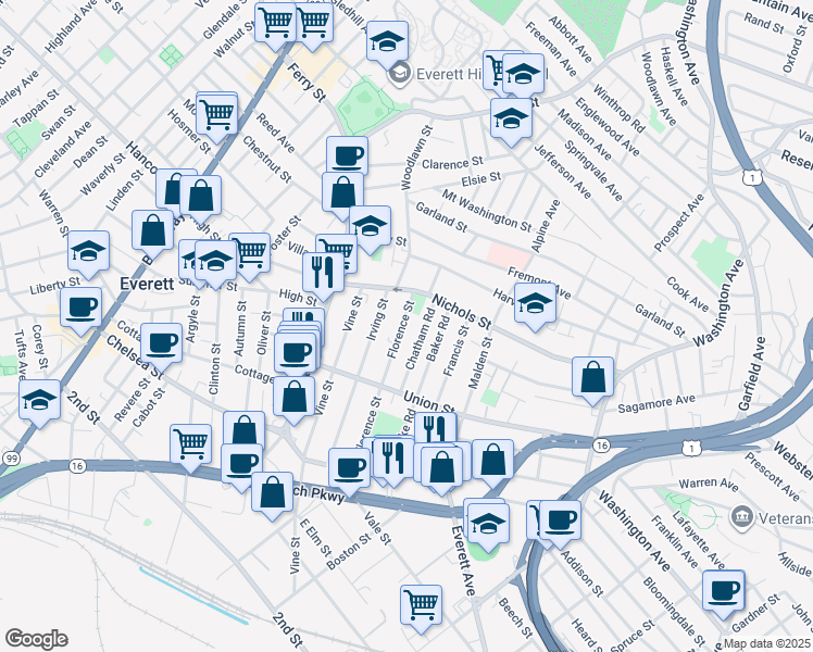 map of restaurants, bars, coffee shops, grocery stores, and more near 37 Chatham Road in Everett
