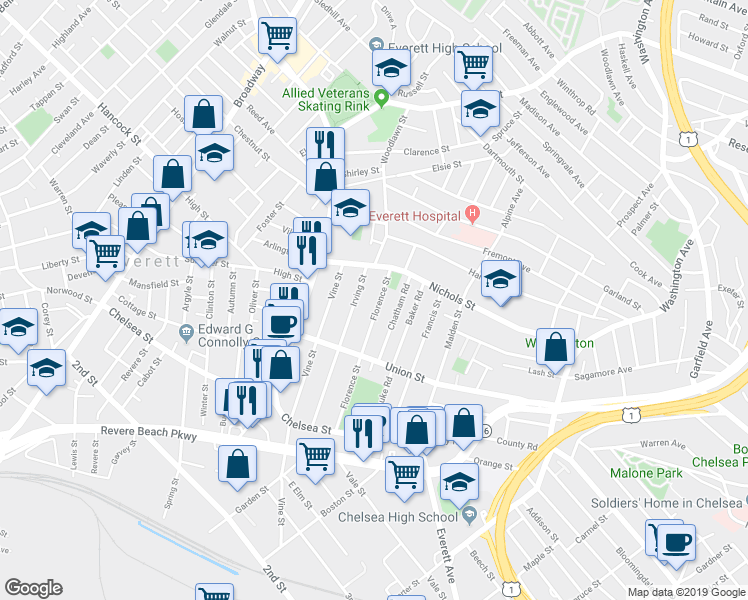 map of restaurants, bars, coffee shops, grocery stores, and more near 101 Irving Street in Everett