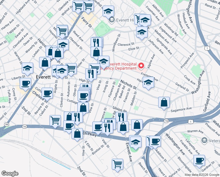 map of restaurants, bars, coffee shops, grocery stores, and more near 101 Irving Street in Everett