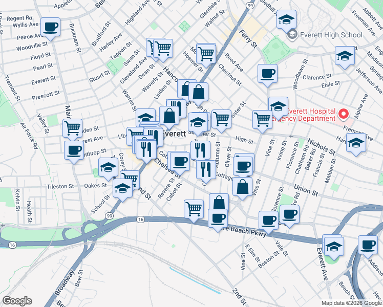 map of restaurants, bars, coffee shops, grocery stores, and more near 78 Cottage Street in Everett