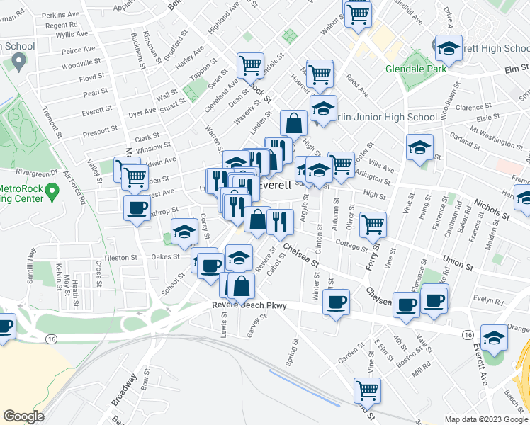 map of restaurants, bars, coffee shops, grocery stores, and more near 47 Cottage Street in Everett
