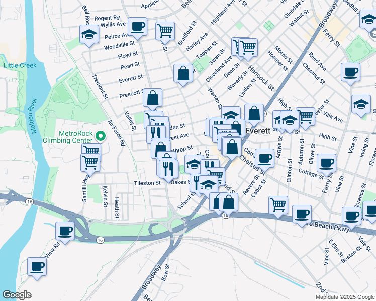 map of restaurants, bars, coffee shops, grocery stores, and more near 22 Hatch Street in Everett