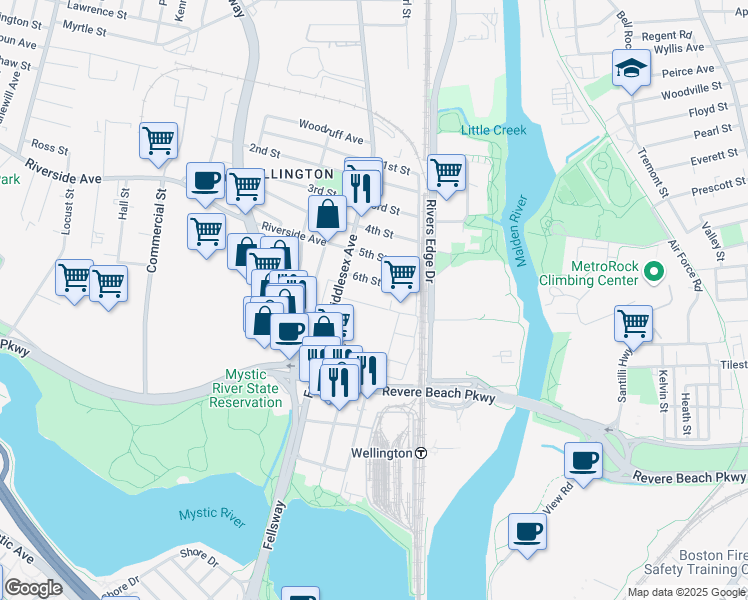 map of restaurants, bars, coffee shops, grocery stores, and more near 22 7th Street in Medford