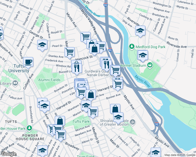 map of restaurants, bars, coffee shops, grocery stores, and more near 107 Willis Avenue in Medford