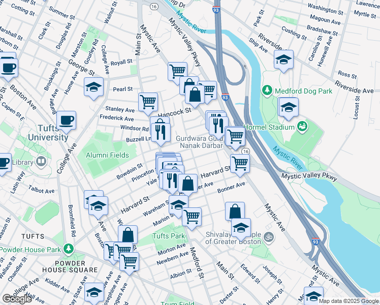 map of restaurants, bars, coffee shops, grocery stores, and more near 107 Willis Avenue in Medford