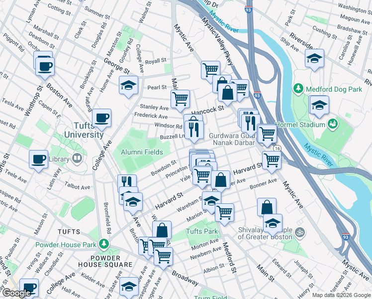 map of restaurants, bars, coffee shops, grocery stores, and more near 9 Princeton Street in Medford