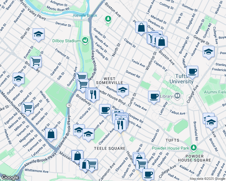 map of restaurants, bars, coffee shops, grocery stores, and more near 210 Powder House Boulevard in Somerville