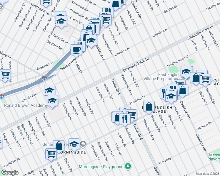 map of restaurants, bars, coffee shops, grocery stores, and more near 5316 Audubon Road in Detroit