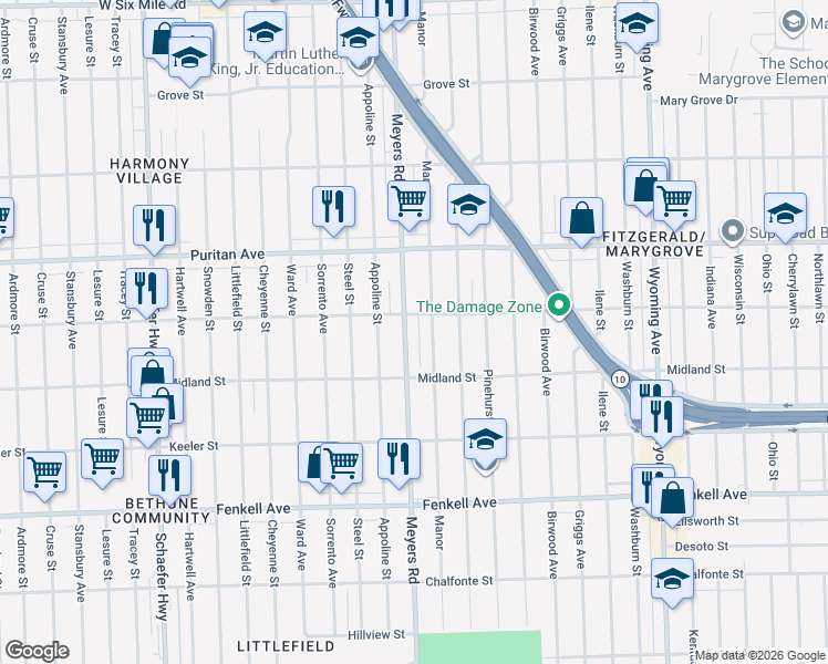 map of restaurants, bars, coffee shops, grocery stores, and more near 15751 Manor in Detroit