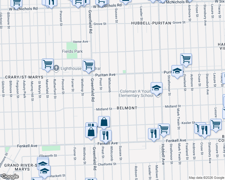 map of restaurants, bars, coffee shops, grocery stores, and more near 15760 Whitcomb in Detroit