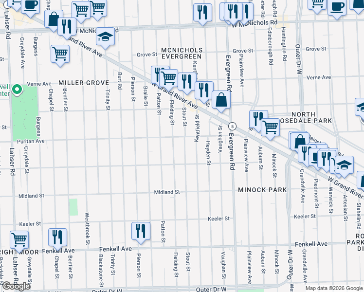 map of restaurants, bars, coffee shops, grocery stores, and more near 15834 Fielding Street in Detroit