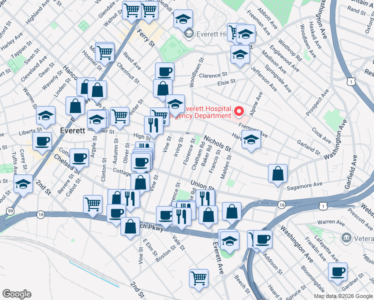 map of restaurants, bars, coffee shops, grocery stores, and more near 101 Irving Street in Everett