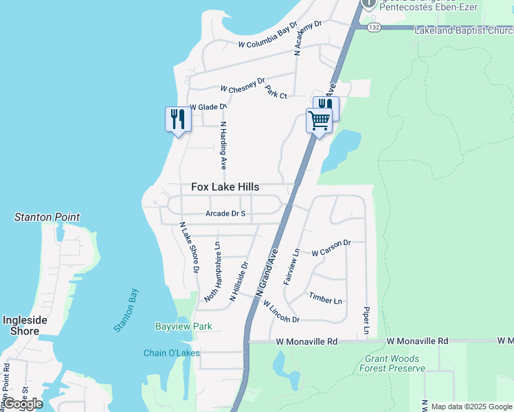 map of restaurants, bars, coffee shops, grocery stores, and more near 37435 North Grand Boulevard in Lake Villa