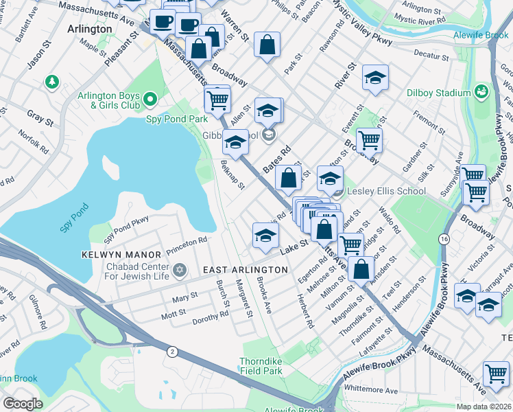map of restaurants, bars, coffee shops, grocery stores, and more near 55 Newcomb Street in Arlington