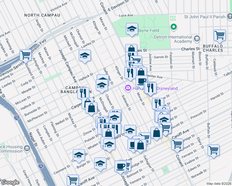 map of restaurants, bars, coffee shops, grocery stores, and more near 12060 Gallagher Street in Hamtramck