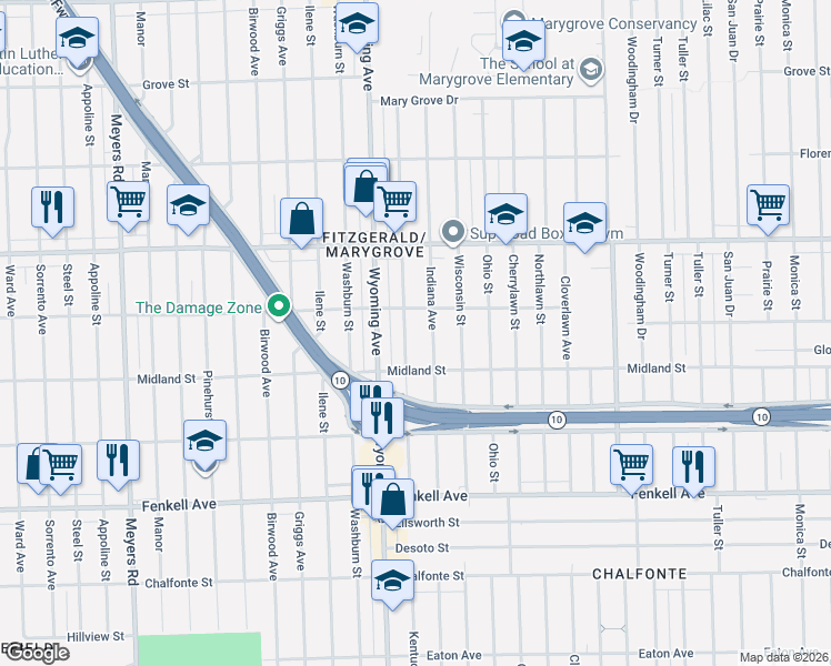 map of restaurants, bars, coffee shops, grocery stores, and more near 15716 Kentucky Street in Detroit