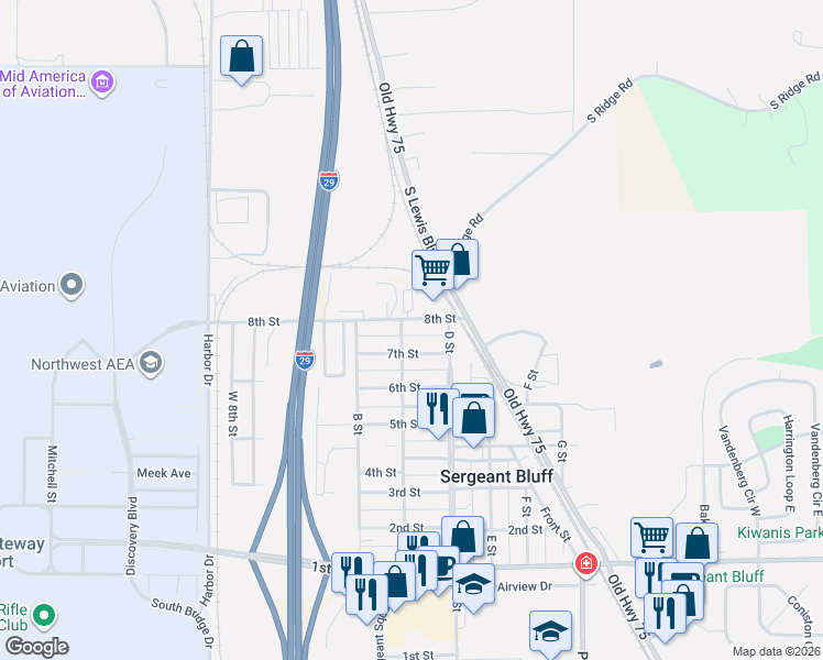 map of restaurants, bars, coffee shops, grocery stores, and more near 300-398 7th Street in Sergeant Bluff