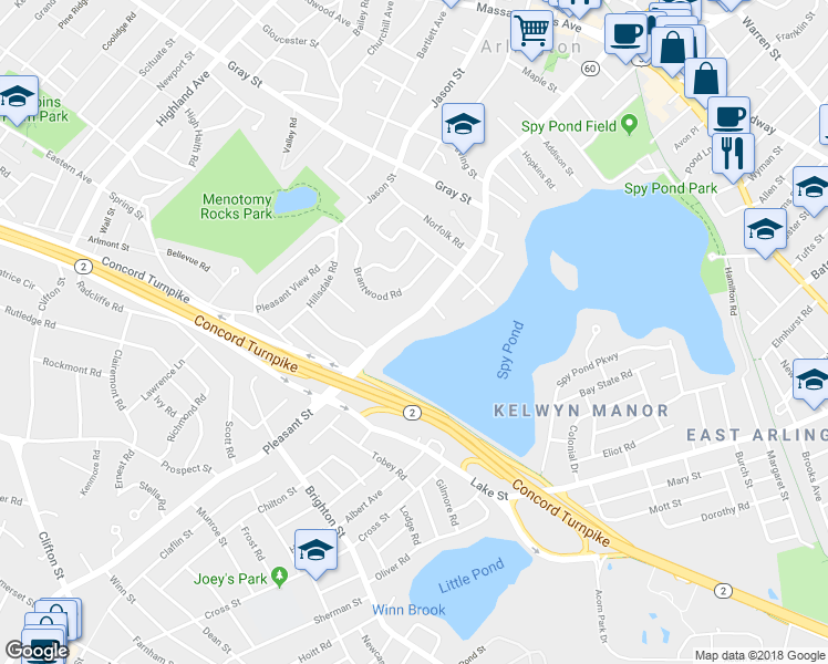 map of restaurants, bars, coffee shops, grocery stores, and more near 226 Pleasant Street in Arlington